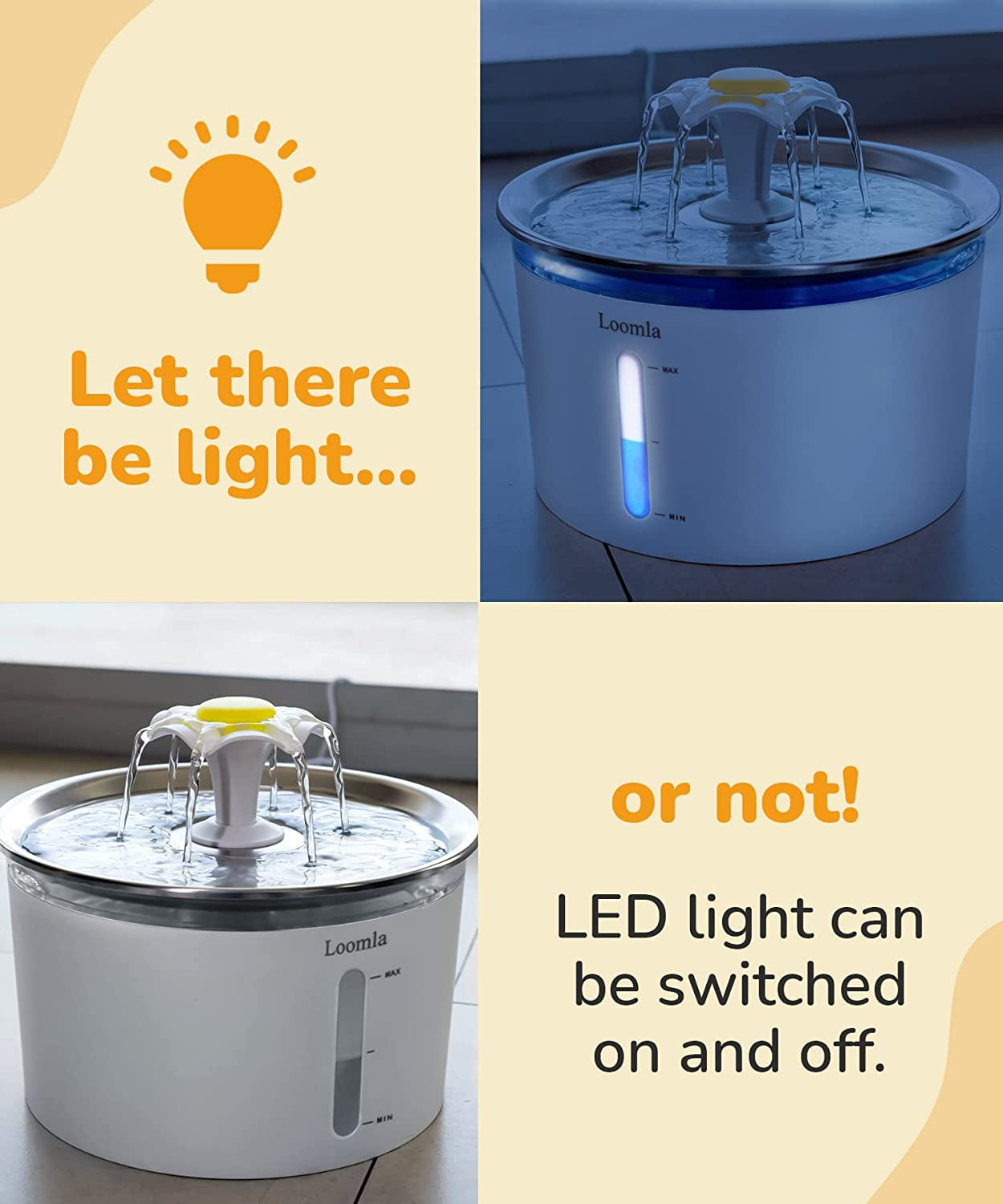 Cat Water Fountain, 85Oz/2.5L Pet Water Fountain Indoor, Automatic Dog Water Dispenser with Switchable LED Lights, 2 Replacement Filters for Cats, Dogs, Pets(Stainless Steel)