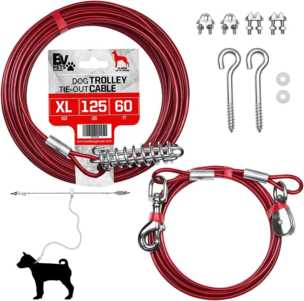 Pet Tie Out Cable for Dogs up to 90/125/ 250 Pounds, 25/30 Feet (125Lbs/ 60Ft/ Trolley)